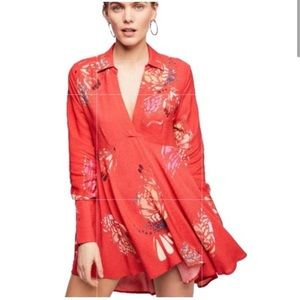 Free People orange beige v neck long sleeve tunic floral blouse size XSmall